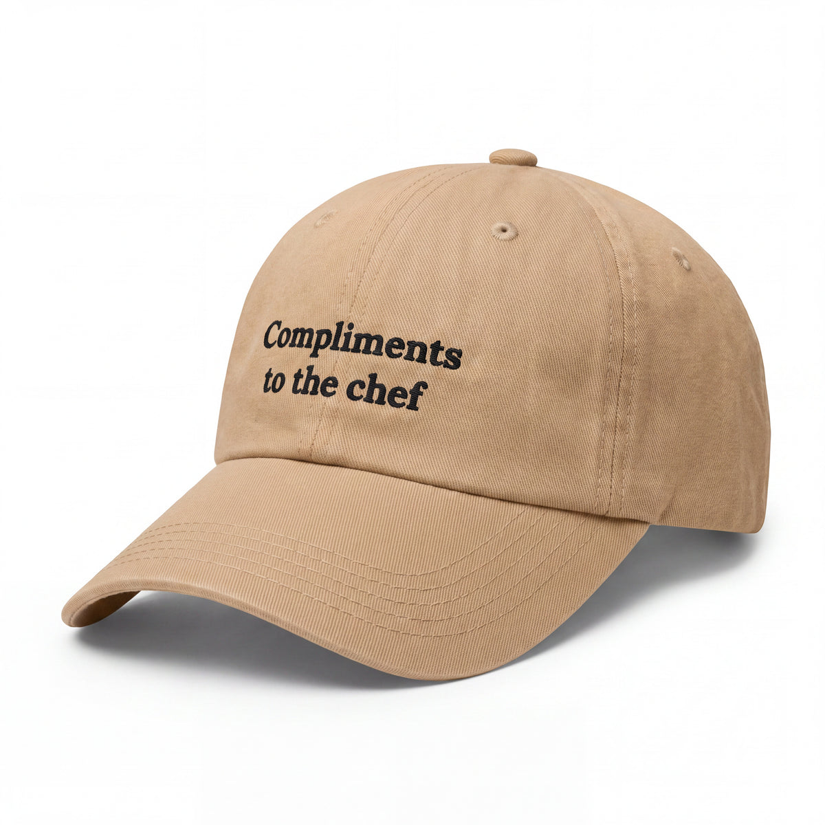 Compliments to the chef embroidered beige baseball cap - No Hat No Play